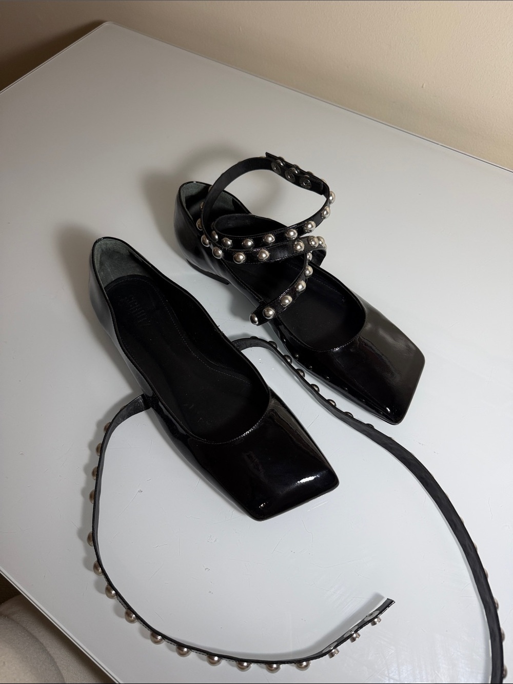 SCHUTZ Black Pearl-Studded Square-Toe Flats with Wrap Straps